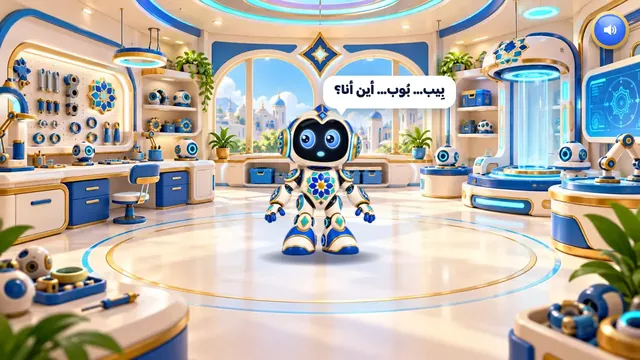 الروبوت يستيقظ ويحيّي الطفل في مختبر الروبوت