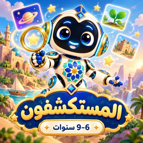 غلاف مسار المستكشفين: روبوت يحمل عدسة مكبّرة في مدينة عربية