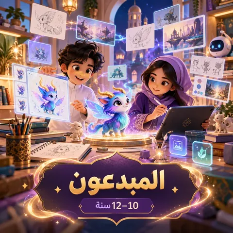 غلاف مسار المبدعين: طفلان يرسمان مخلوقًا خياليًا بمساعدة جهاز لوحي